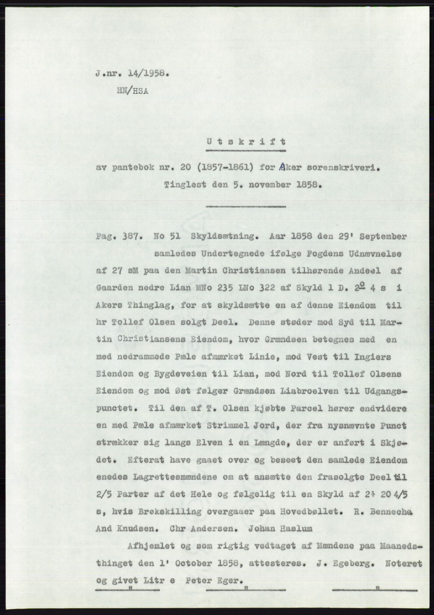 Statsarkivet i Oslo, AV/SAO-A-10621/Z/Zd/L0008: Avskrifter, j.nr 14-1096/1958, 1958, s. 1
